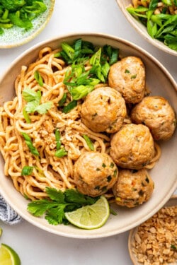 Overhead view of Asian turkey meatballs served over peanut noodles