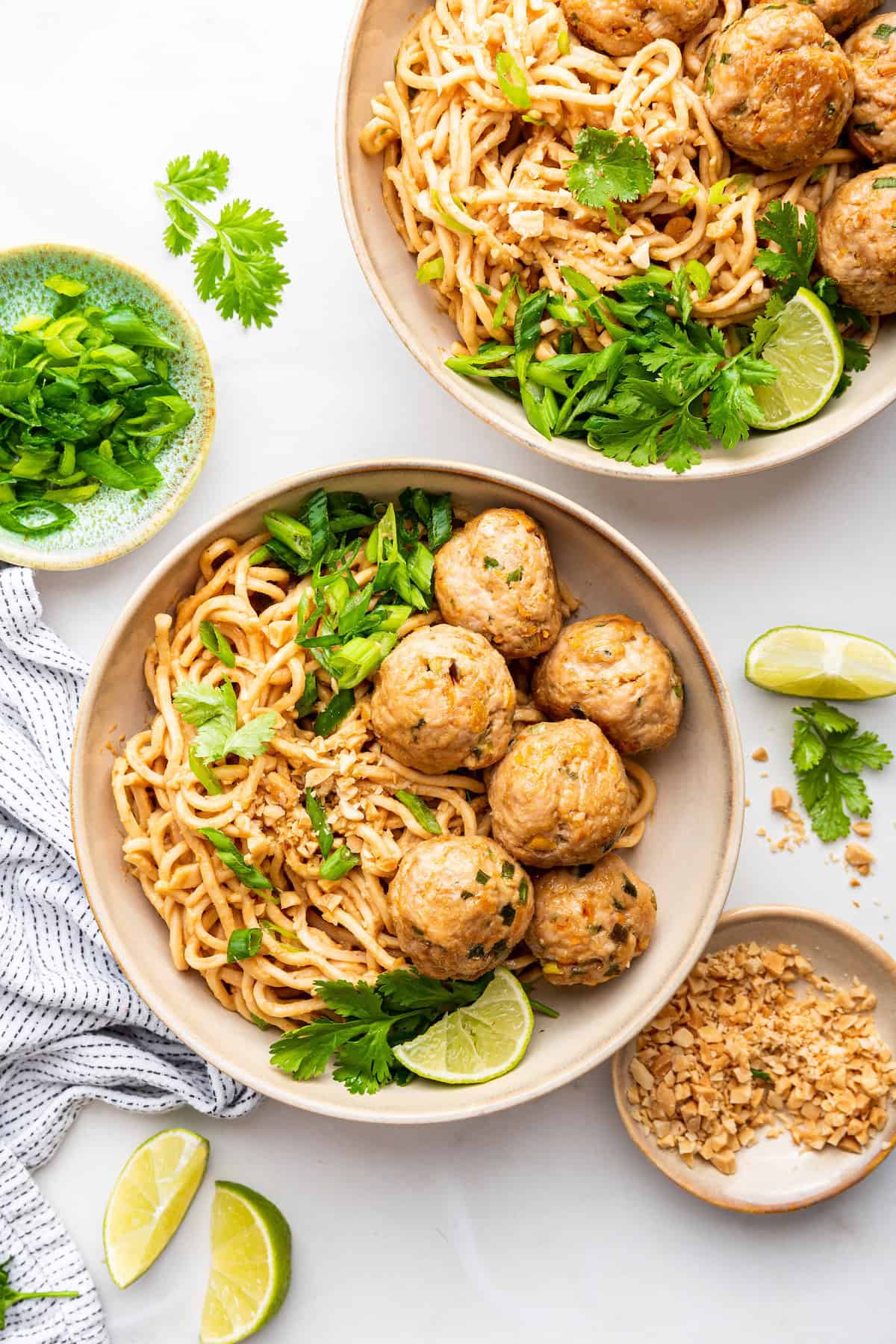 Overhead view of Asian turkey meatballs with peanut noodles