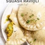 Gluten free ravioli with butternut-spinach filling.