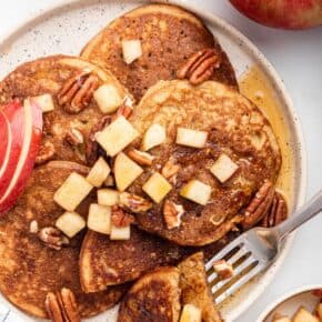 Overhead view of healthy oatmeal pancakes on plate