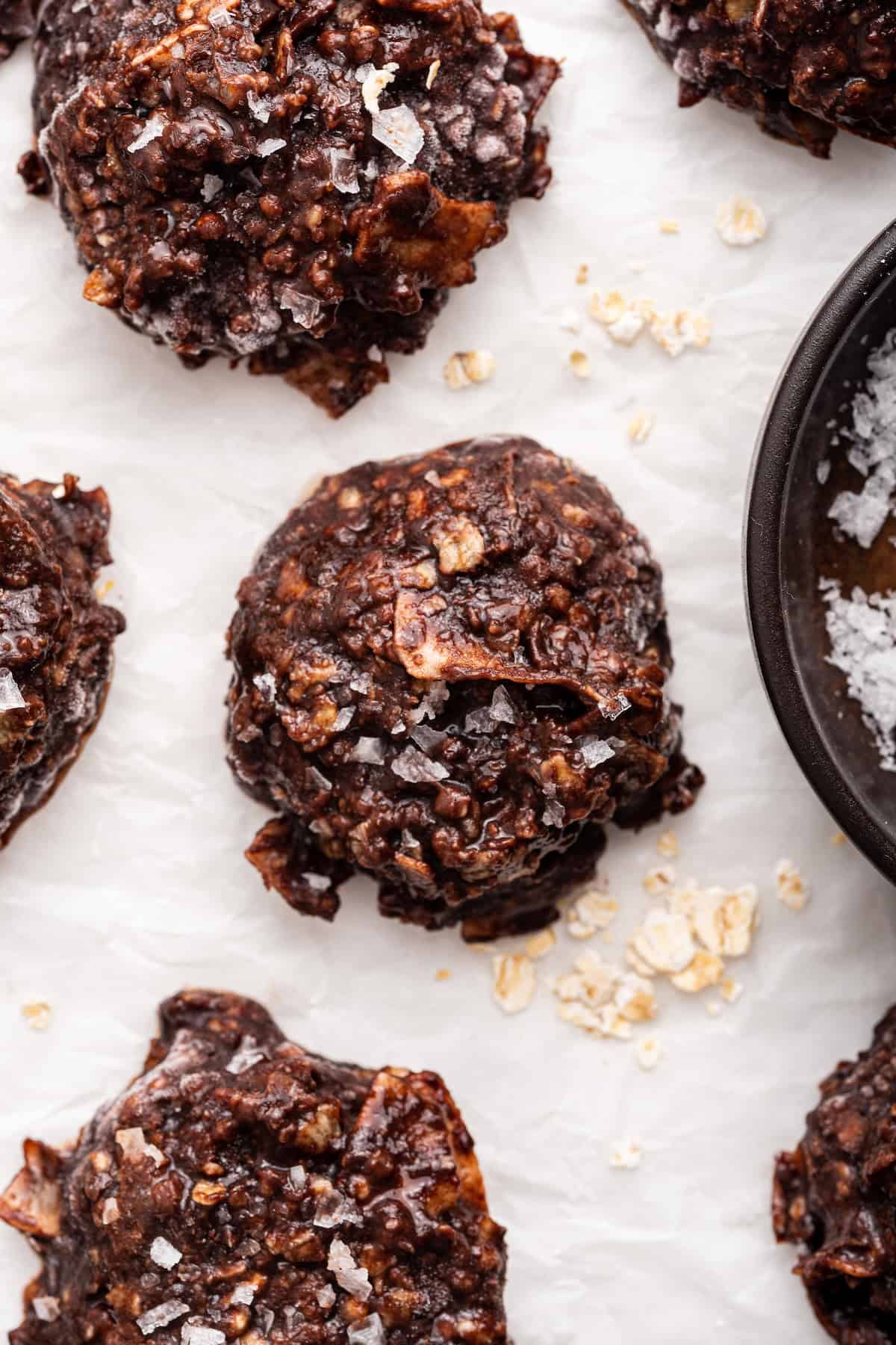 Overhead view of no-bake chocolate cookies