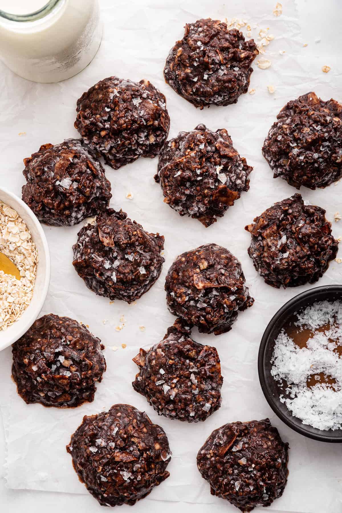 Overhead view of no-bake chocolate cookies