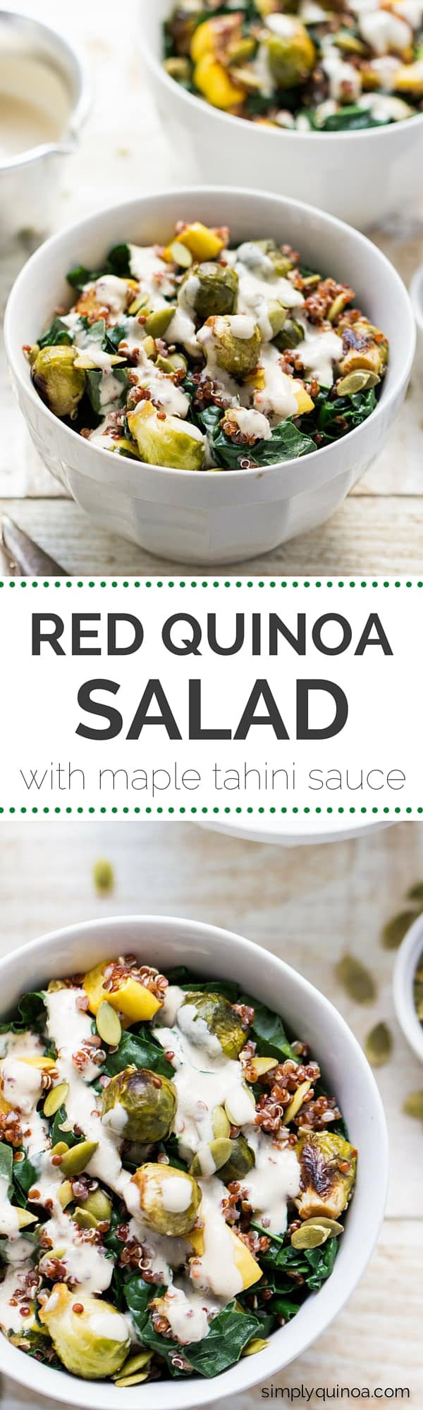 Roasted Delicata Squash + Brussel Sprout Quinoa Salad - drizzled in a creamy maple-tahini dressing | vegan | recipe on simplyquinoa.com