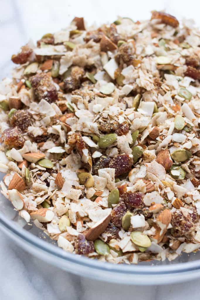 Bowl of ingredients for coconut granola