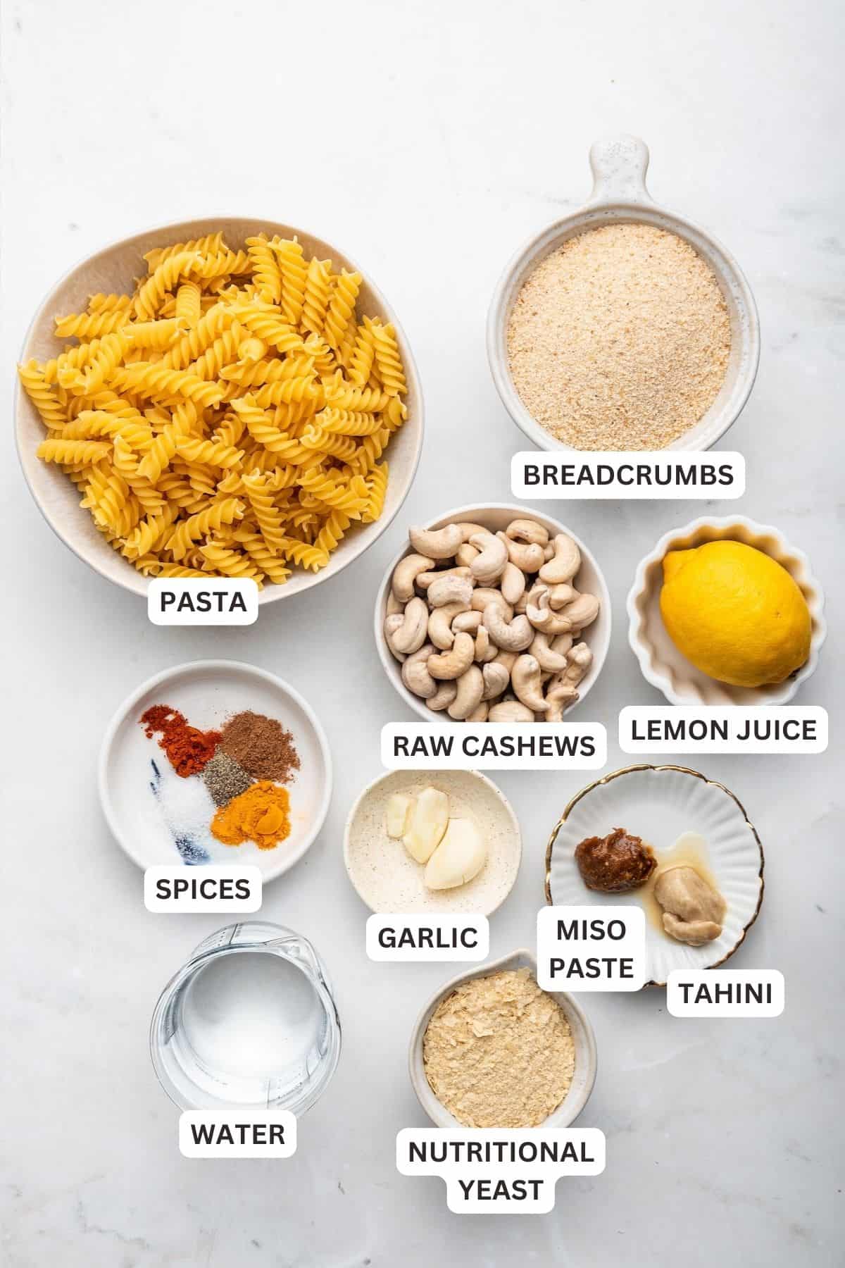 Overhead view of ingredients for vegan mac and cheese with labels