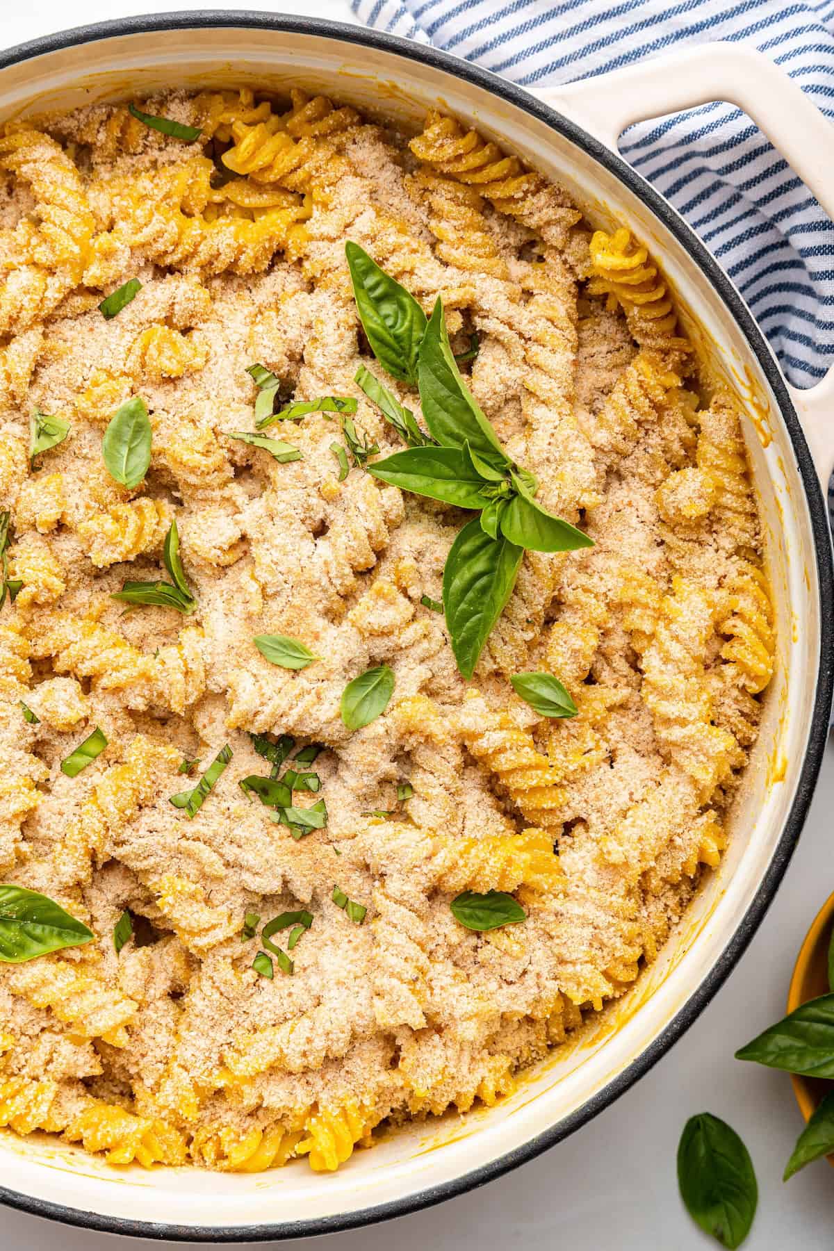 Baking dish with creamy vegan mac and cheese