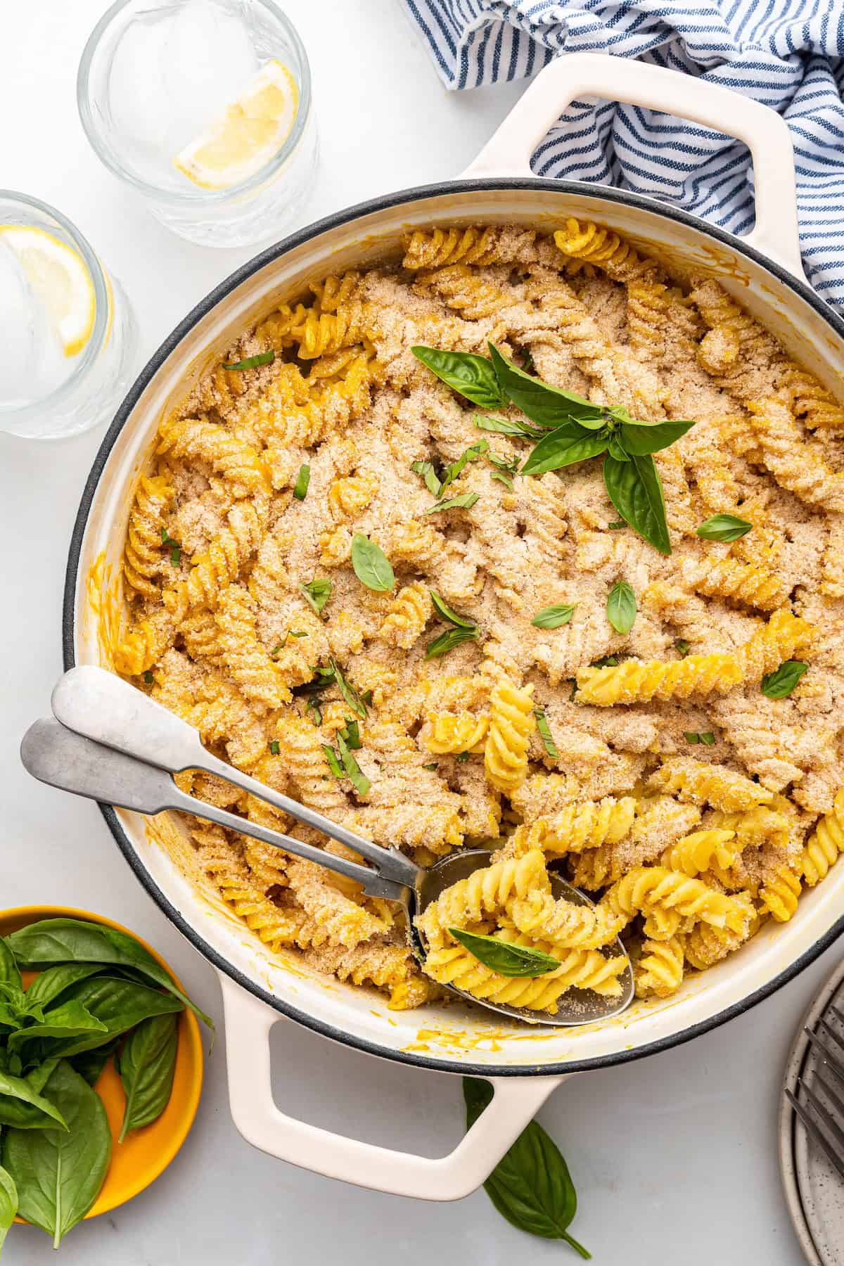 Overhead view of baked vegan mac and cheese in baking dish