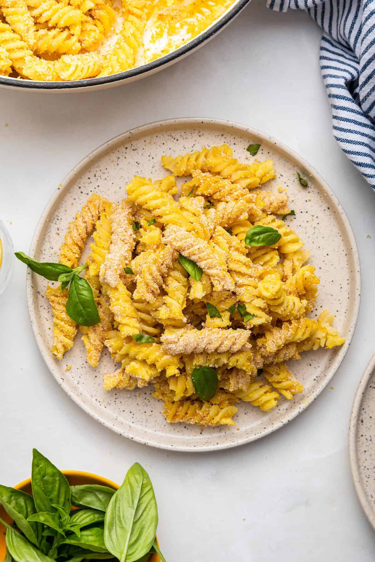 Overhead view of the best vegan mac and cheese on plate