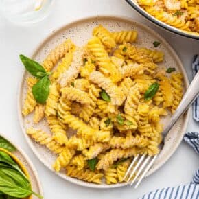 Overhead view of vegan mac and cheese on plate