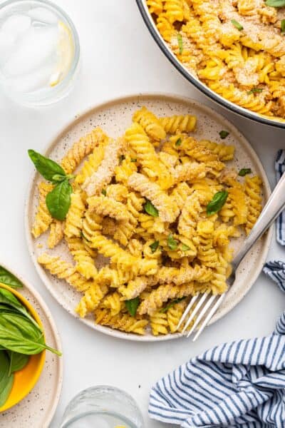 Overhead view of vegan mac and cheese on plate