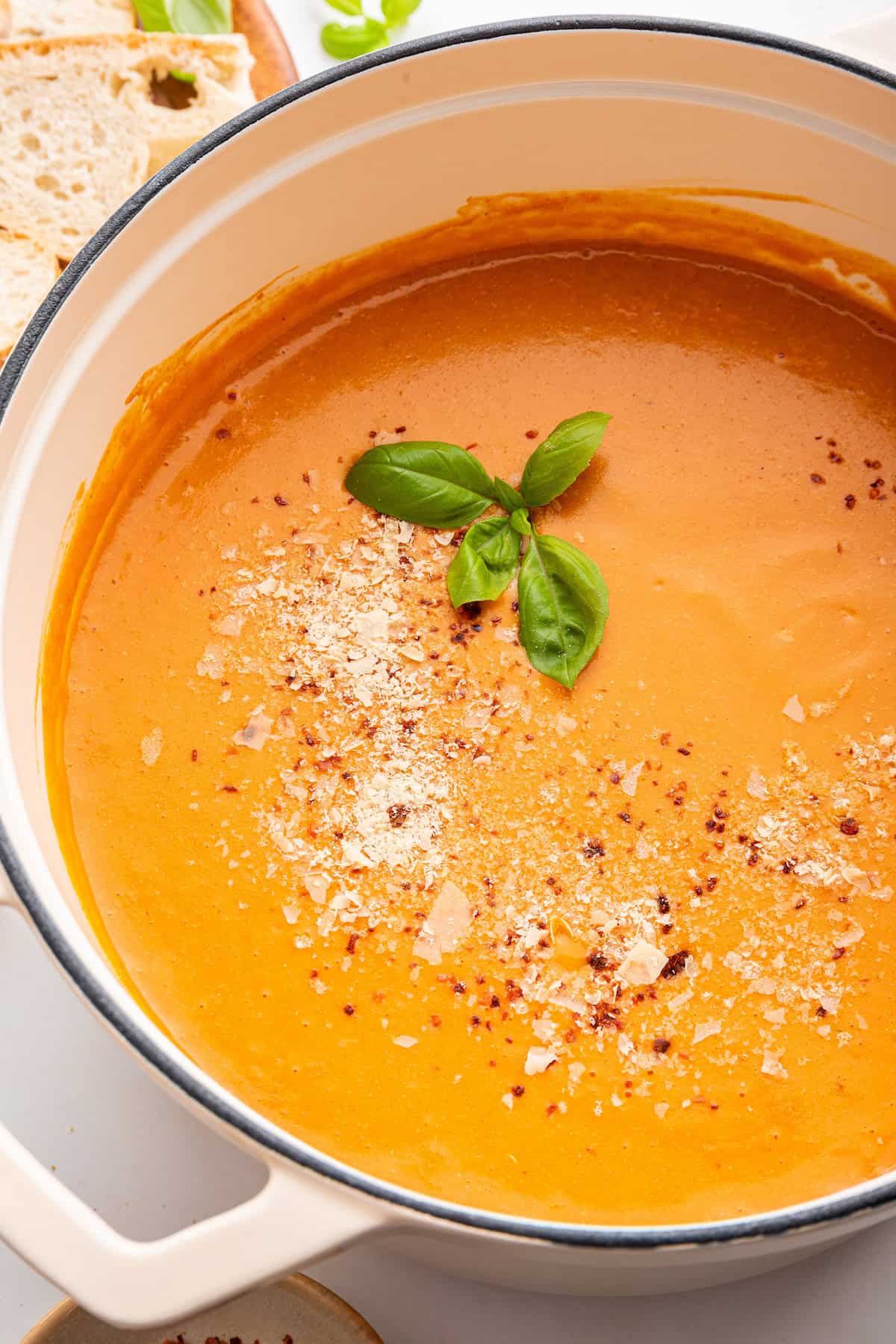 Tomato bisque in a dutch oven.