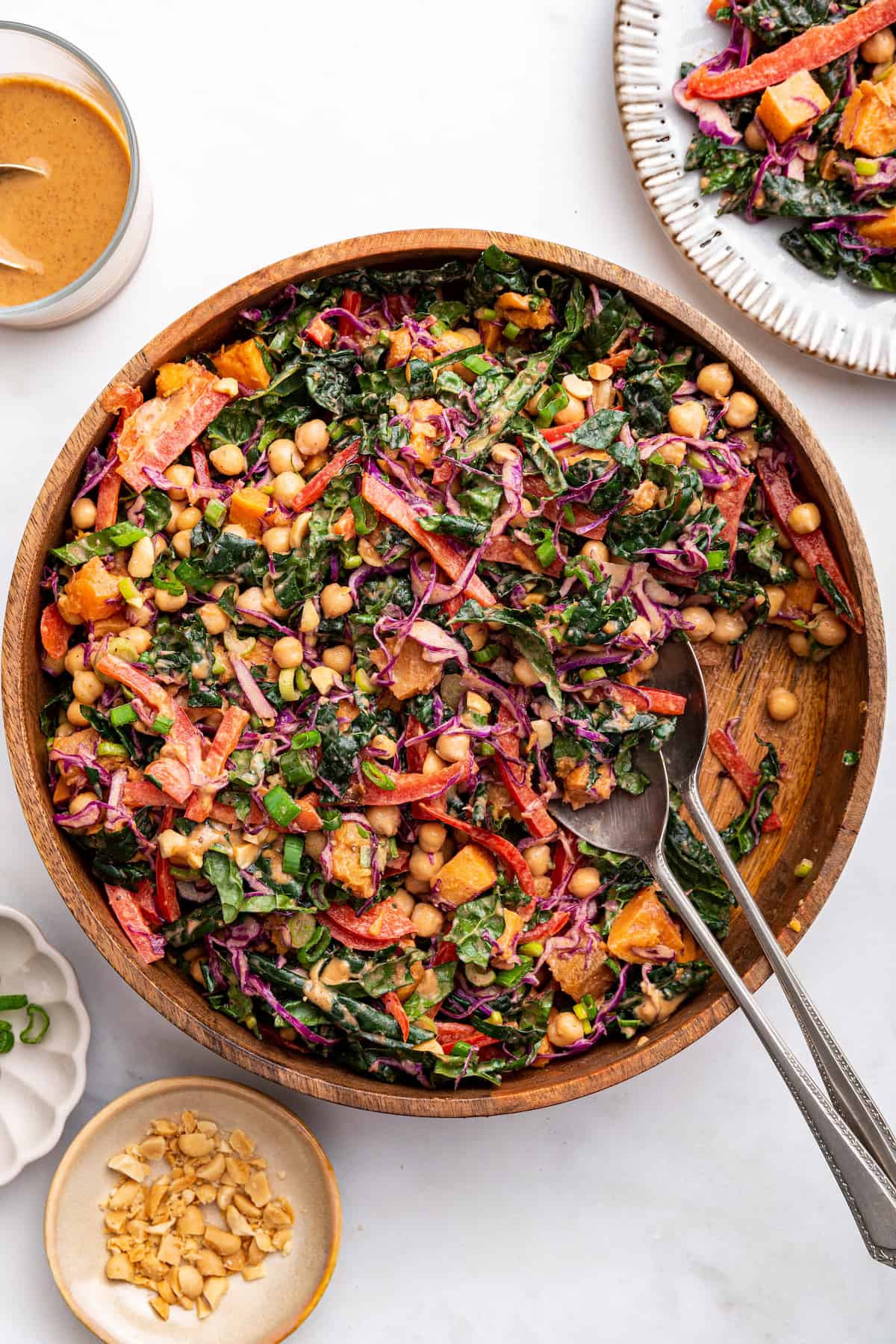 Overhead view of kale sweet potato salad in serving bowl