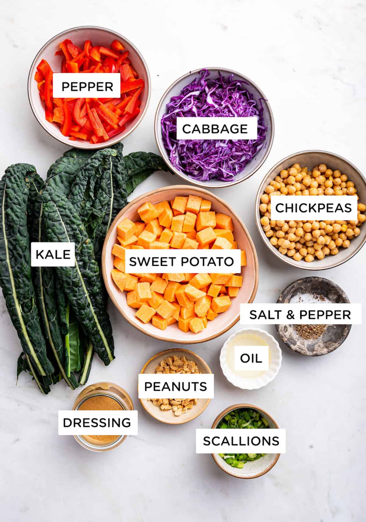 Overhead view of ingredients for kale sweet potato salad