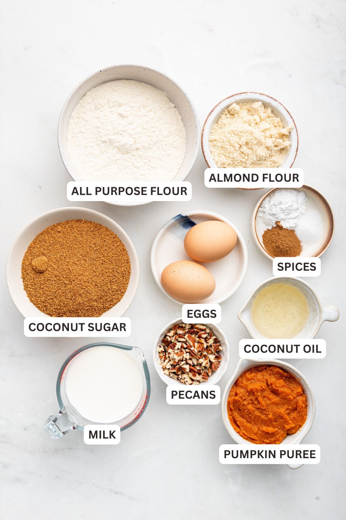 Overhead view of ingredients for pumpkin coffee cake with labels