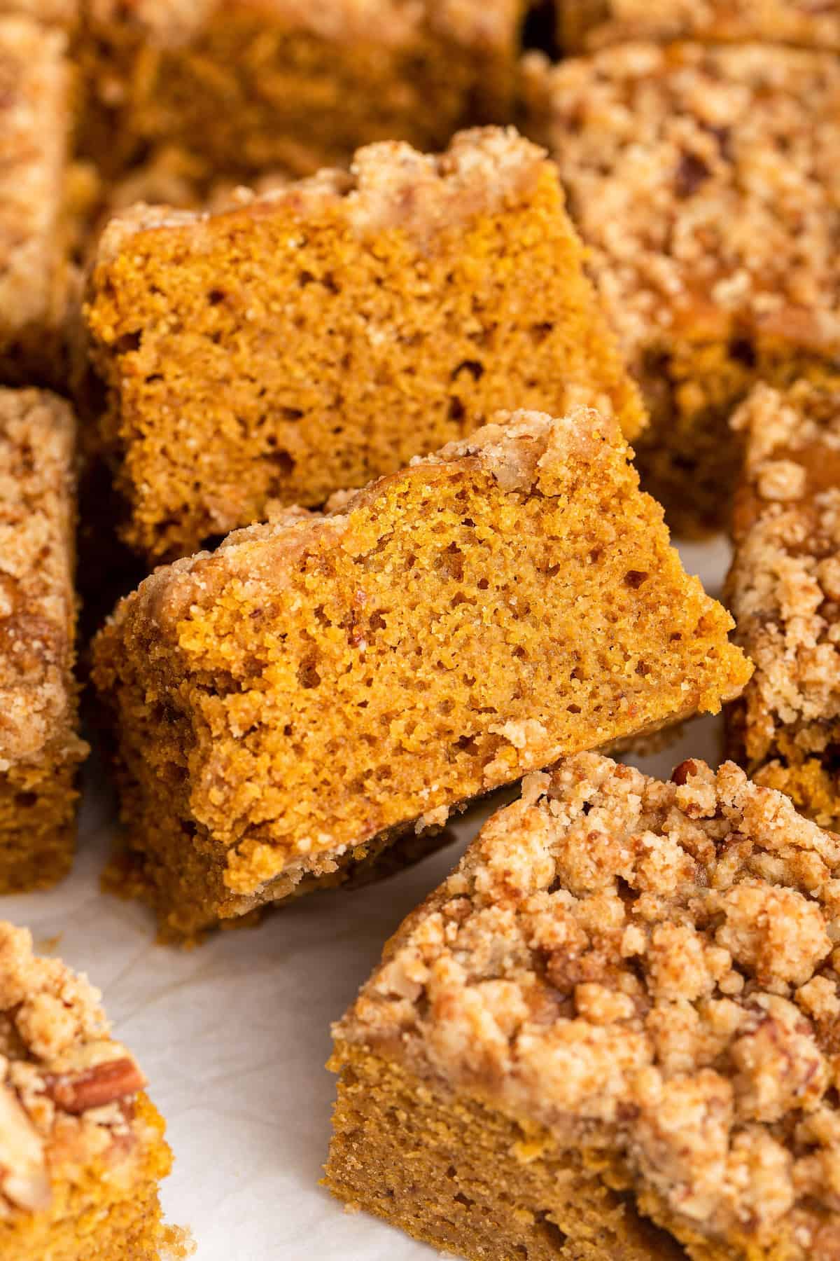 Moist pumpkin coffee cake on parchment paper