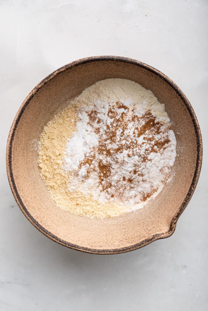 Overhead view of dry ingredients in bowl