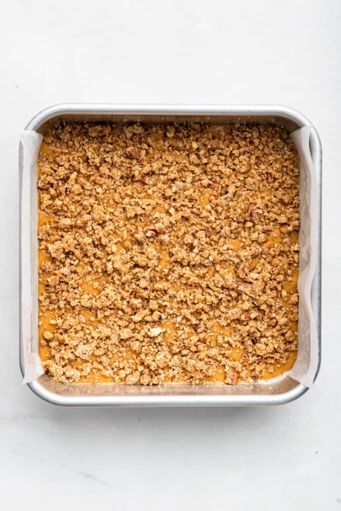 Overhead view of pumpkin coffee cake before baking