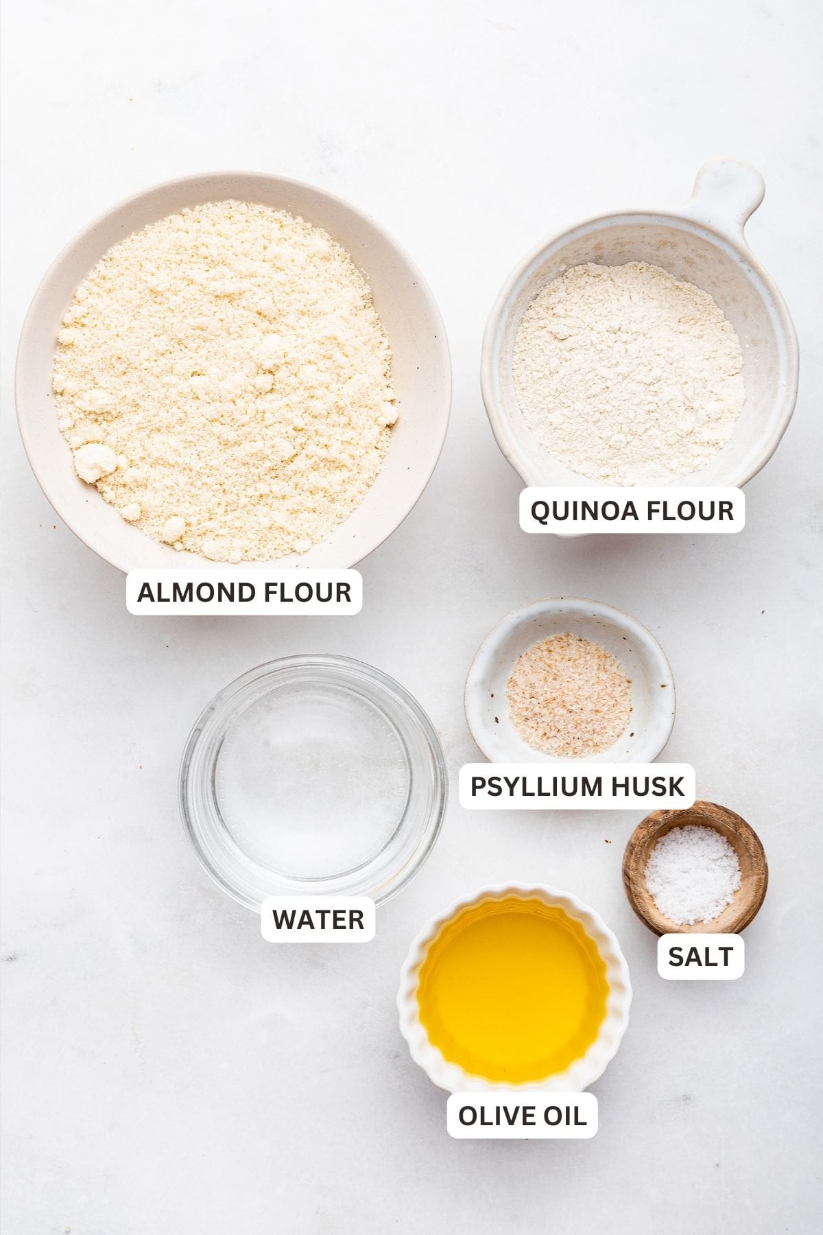 Overhead view of ingredients for almond flour pizza with labels