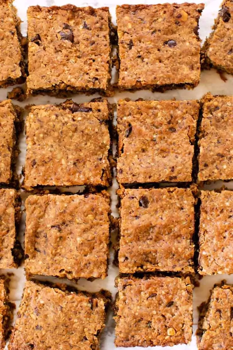 Overhead view of peanut butter oatmeal bars cut into squares