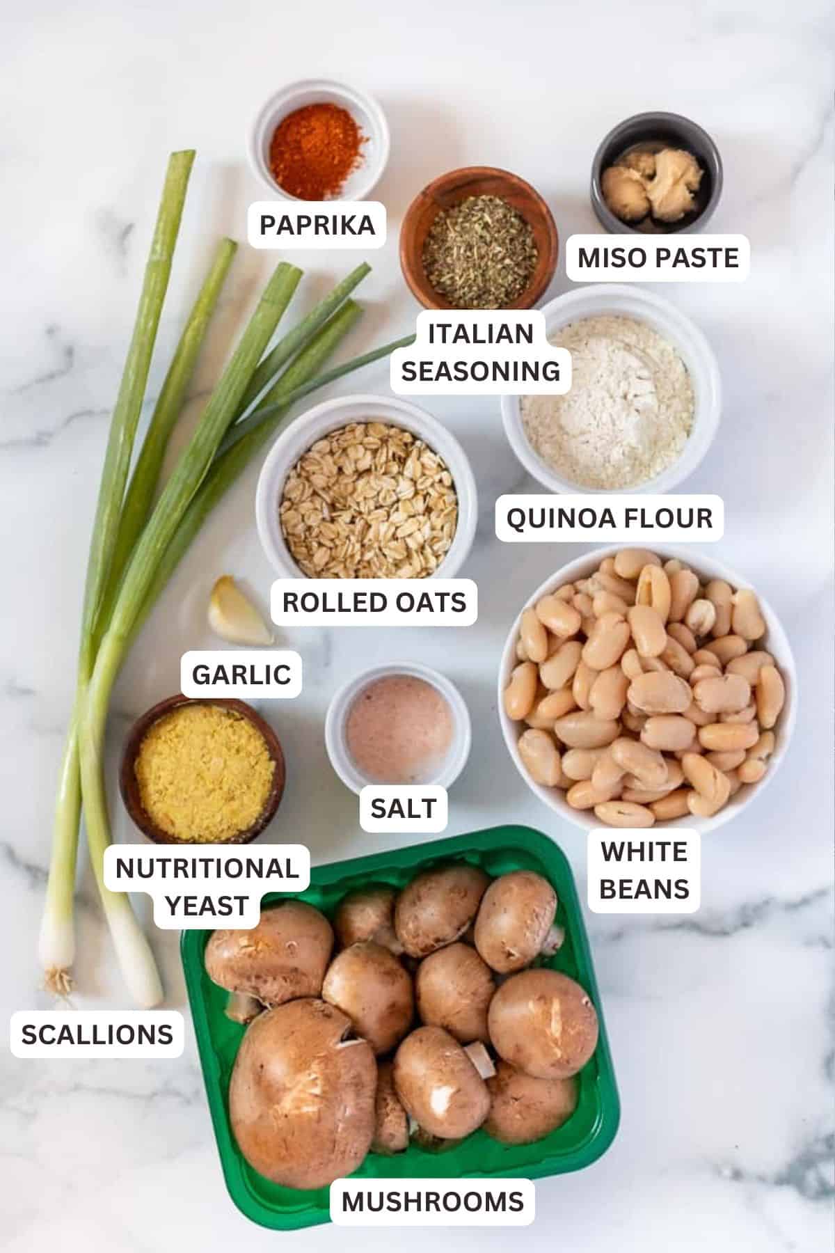 Ingredients for White Bean Mushroom Veggie Burger.