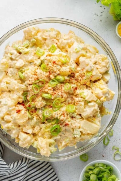 overhead image of healthy potato salad in a bowl