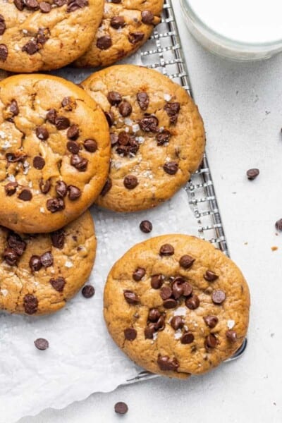 baked almond butter cookies with chocolate chips and flaky salt on top