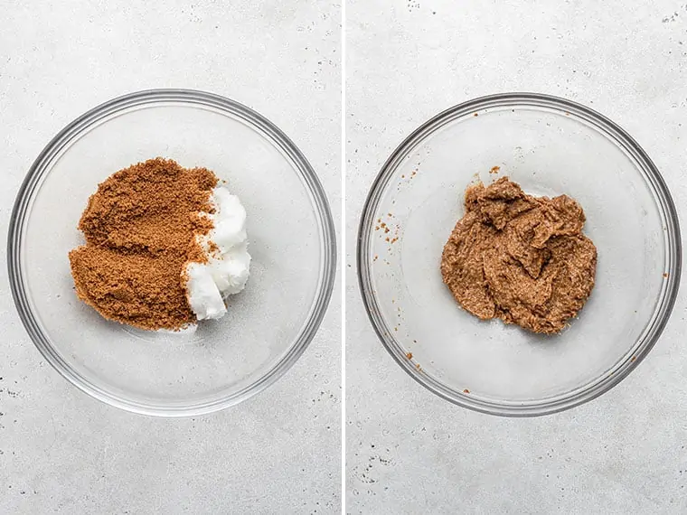 collage of mixing bowls with cocont sugar and coconut oil