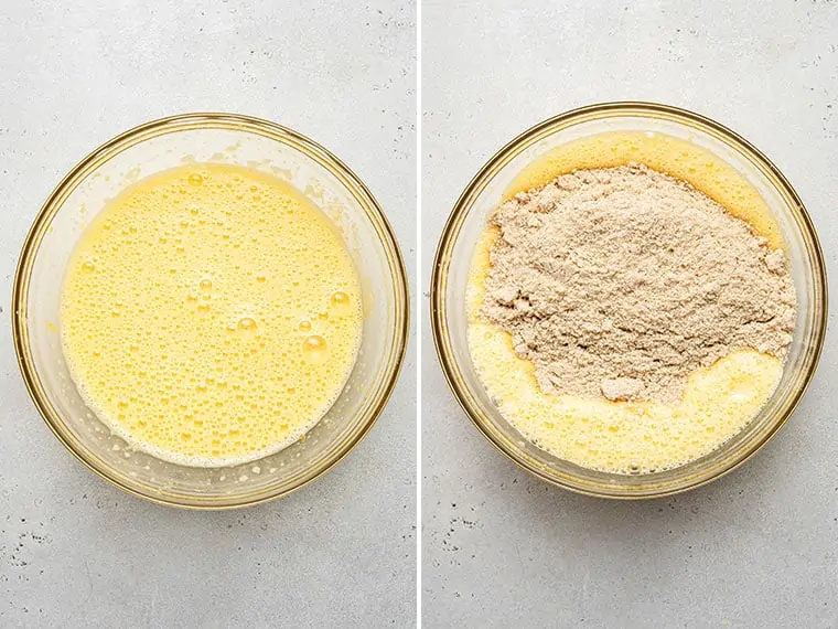 mixing bowl of cake batter with wet and dry ingredients