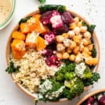 winter quinoa and vegetable bowl with dressing