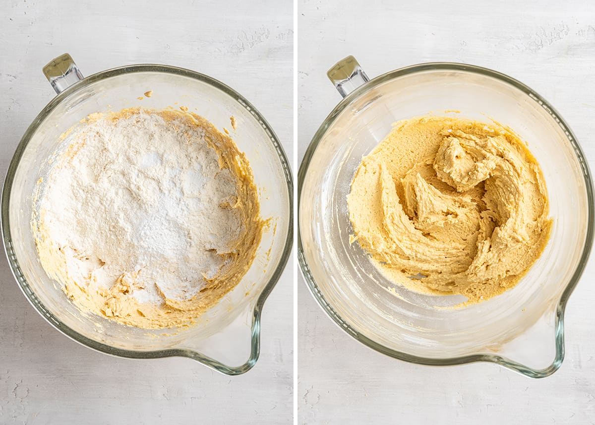 Side by side with a picture of a mixing bowl with creamed sugar and butter with flour on top, and a picture of a mixing bowl with the flour beat into the creamed butter