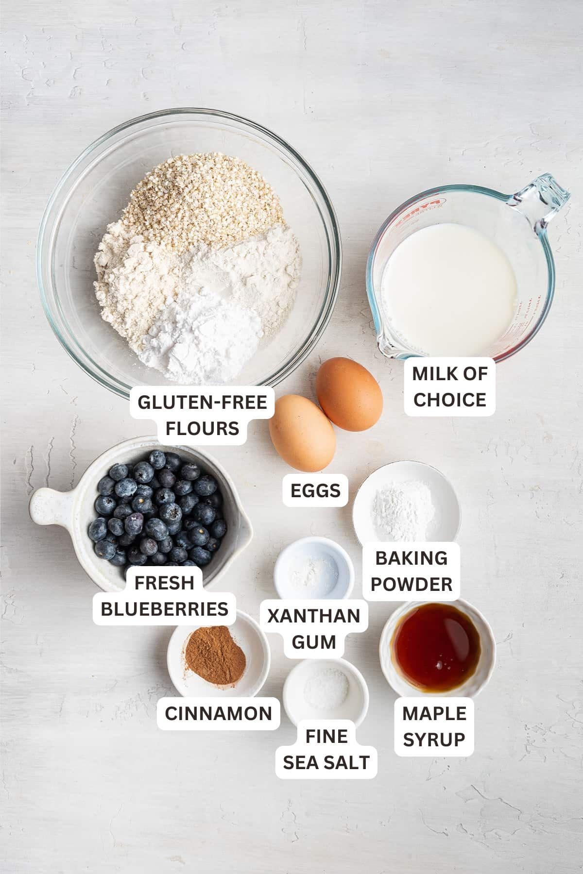 Ingredients for Gluten-Free Blueberry Pancakes.