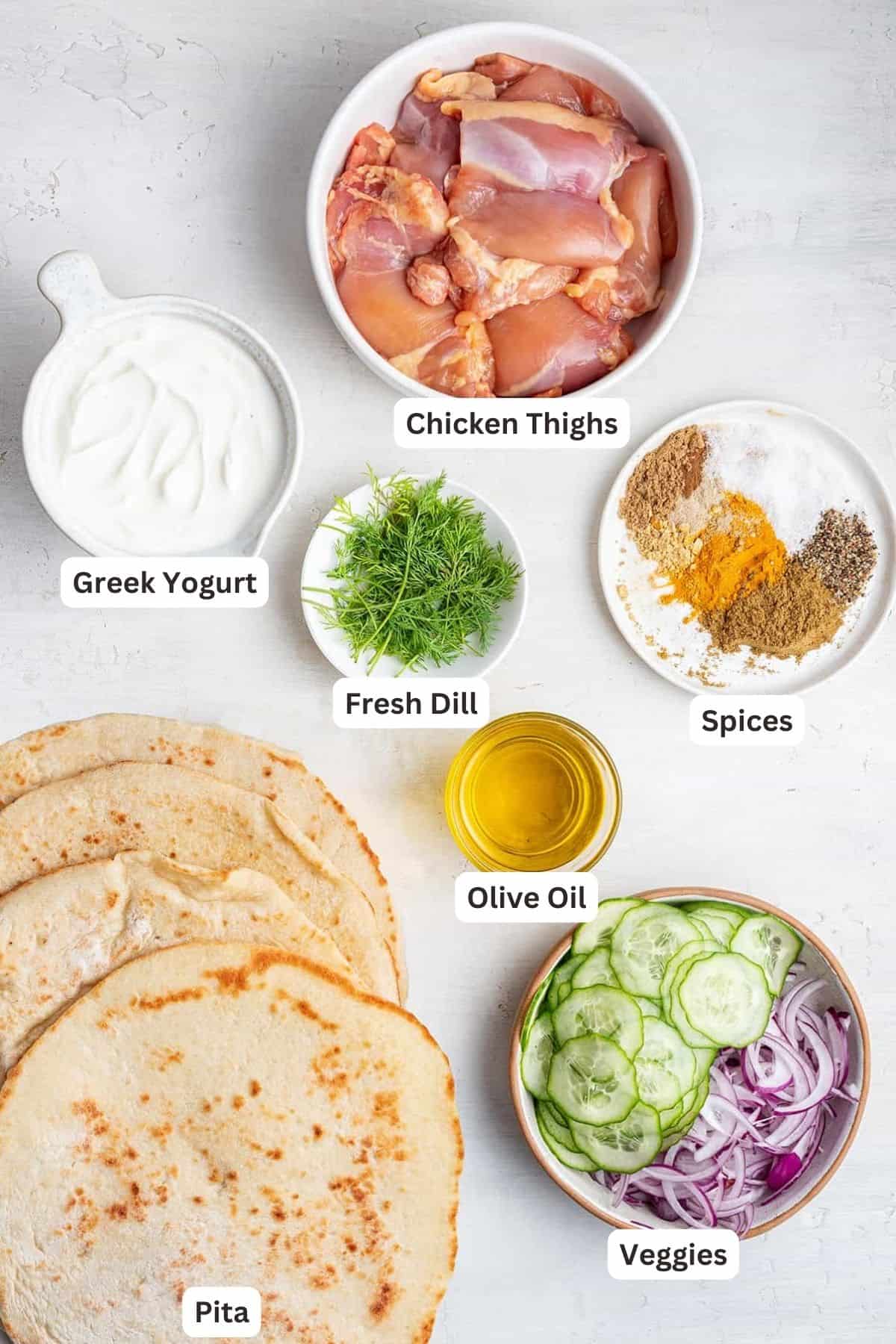 Ingredients to make Chicken Shawarma Gyros.