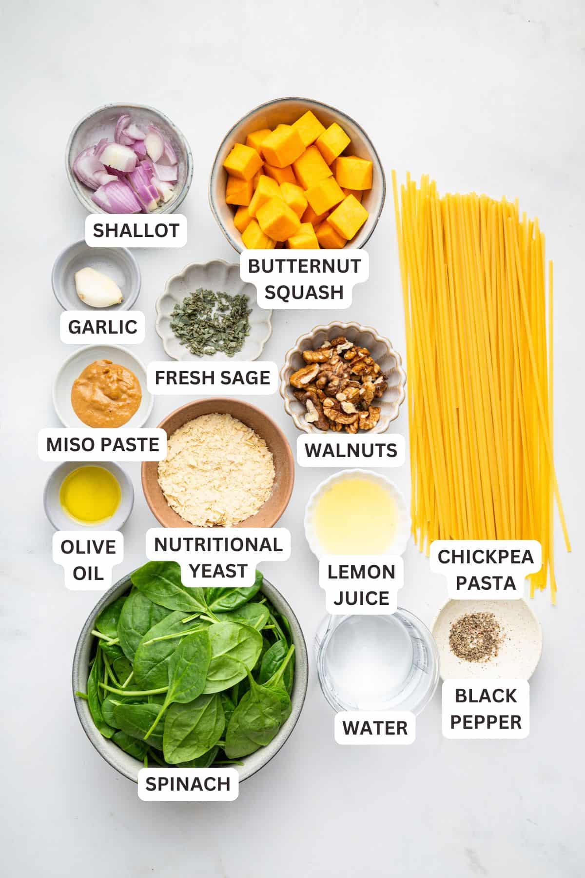 Overhead view of labeled ingredients for walnut pasta with butternut squash