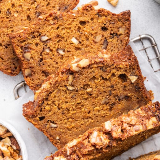 Overhead view of sliced carrot bread loaf