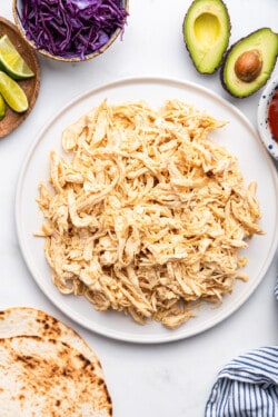 Overhead view of Instant Pot shredded chicken on plate