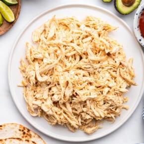 Overhead view of Instant Pot shredded chicken on plate