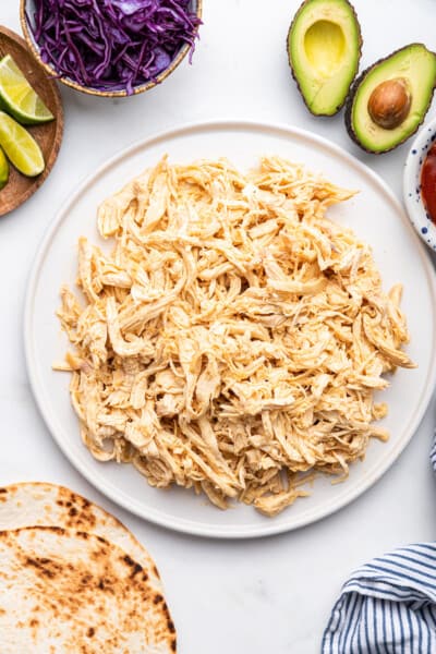 Overhead view of Instant Pot shredded chicken on plate