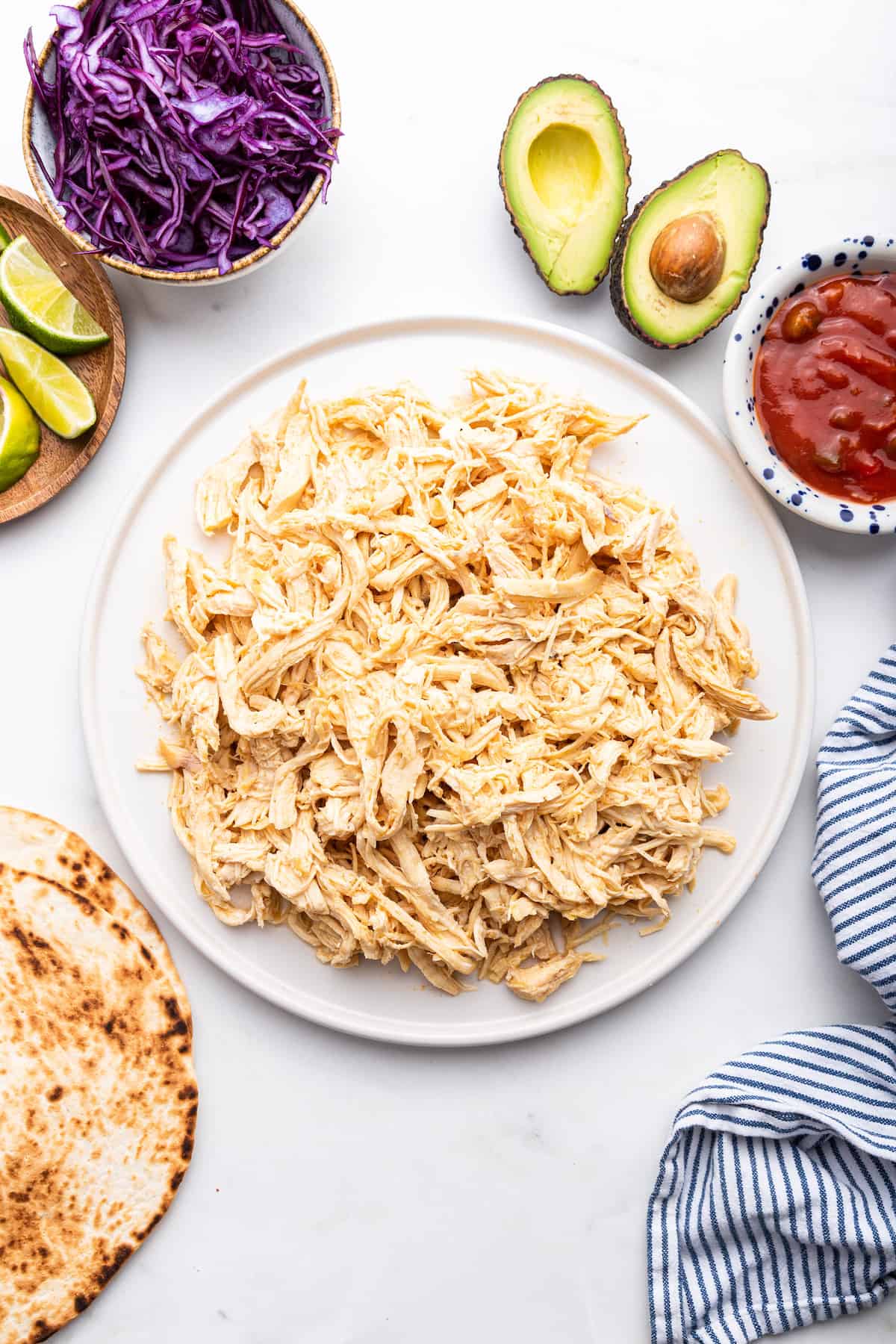 Overhead view of Instant Pot shredded chicken on plate