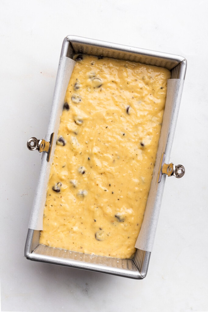 Overhead view of protein banana bread batter in pan