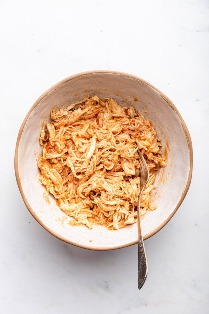 Overhead view of Instant Pot shredded salsa chicken in bowl with spoon