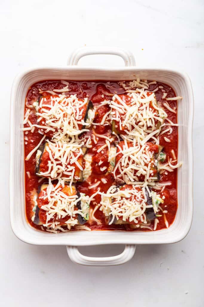 Overhead view of eggplant rollatini before baking