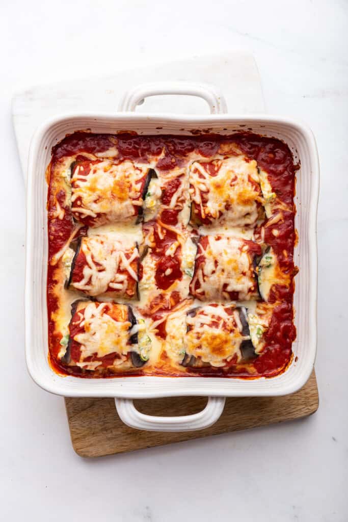 Overhead view of eggplant rollatini in baking dish