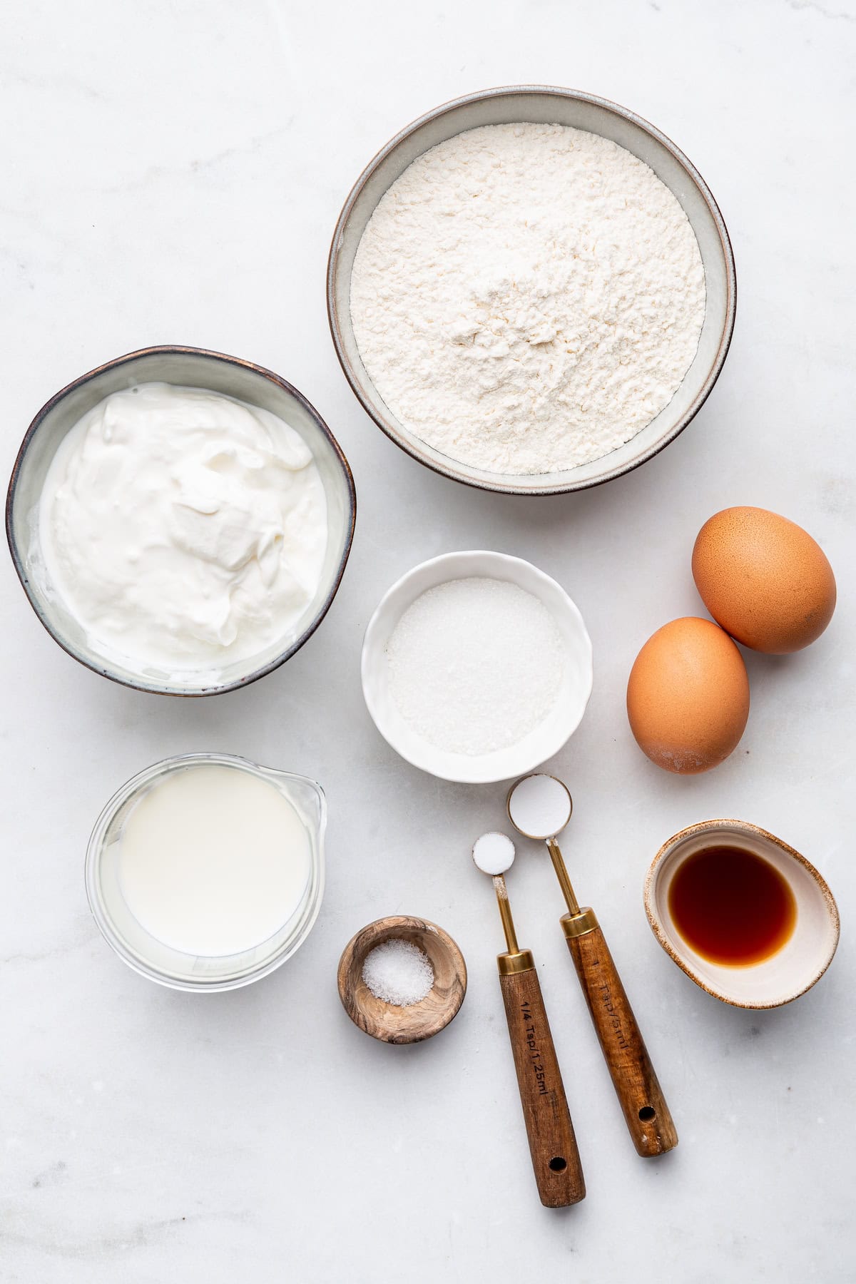 Overhead view of ingredients for Greek yogurt pancakes