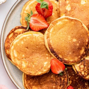 Overhead view of Greek yogurt pancakes on platter