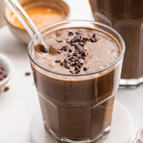 Chocolate peanut butter smoothies in glasses