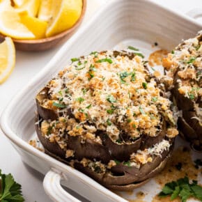 Baking dish with stuffed artichokes