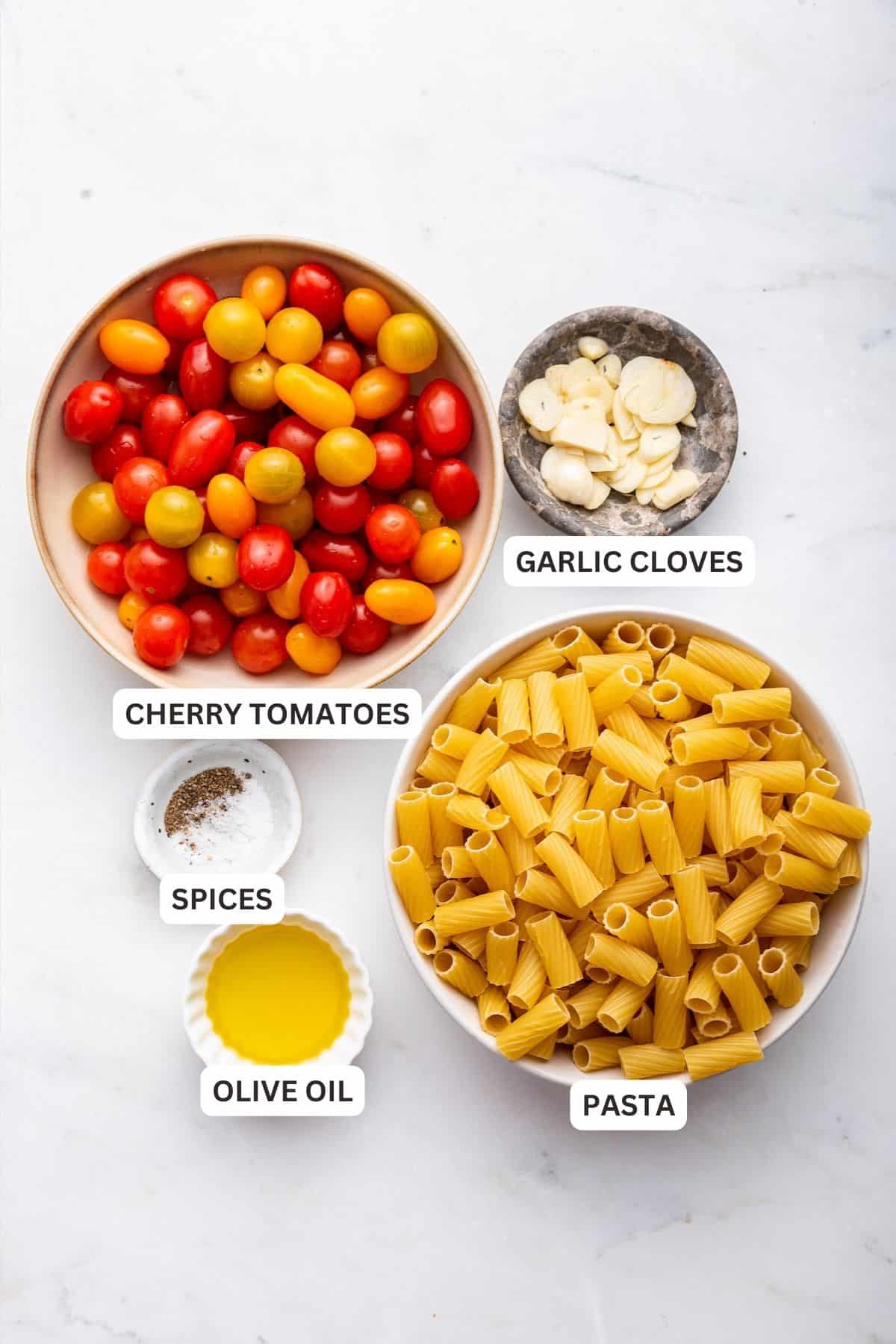 Overhead view of ingredients for cherry tomato pasta with labels