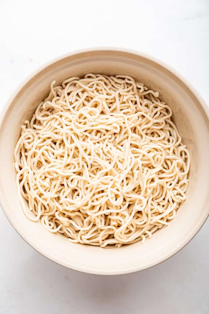 Overhead view of cooked ramen in bowl