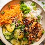 Overhead view of Asian baked salmon bowls