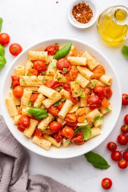 Overhead view of oven-roasted cherry tomato pasta